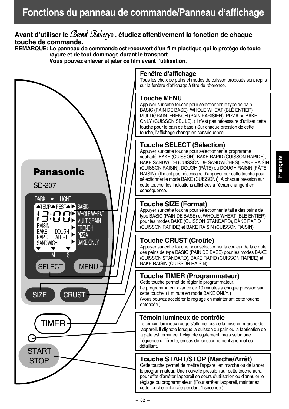 Timer, Start stop | Panasonic SD207 User Manual | Page 53 / 64
