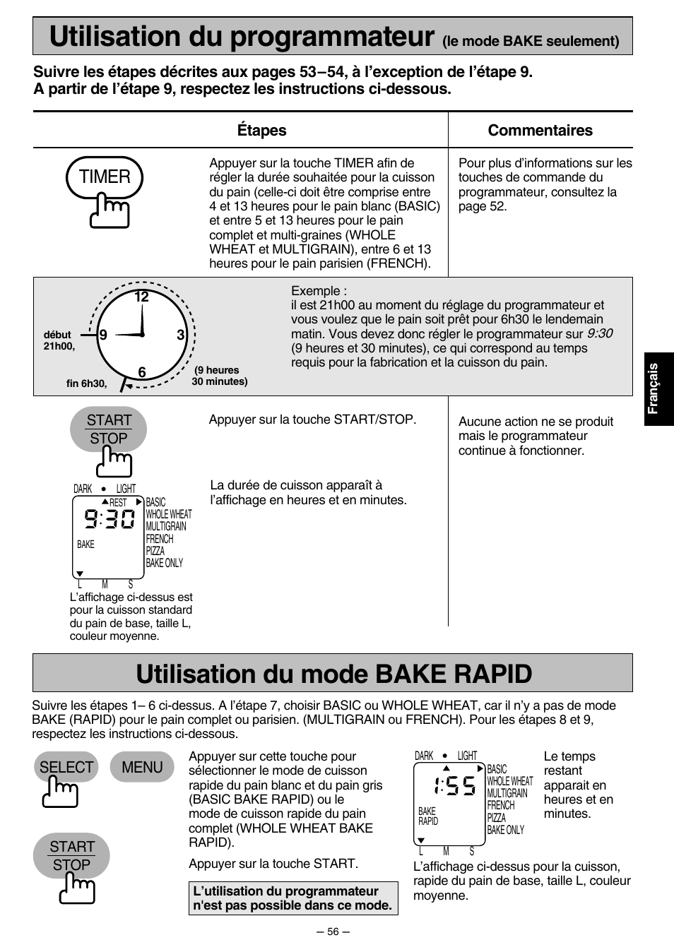 Utilisation du programmateur, Utilisation du mode bake rapid, Timer | Select menu | Panasonic SD207 User Manual | Page 57 / 64