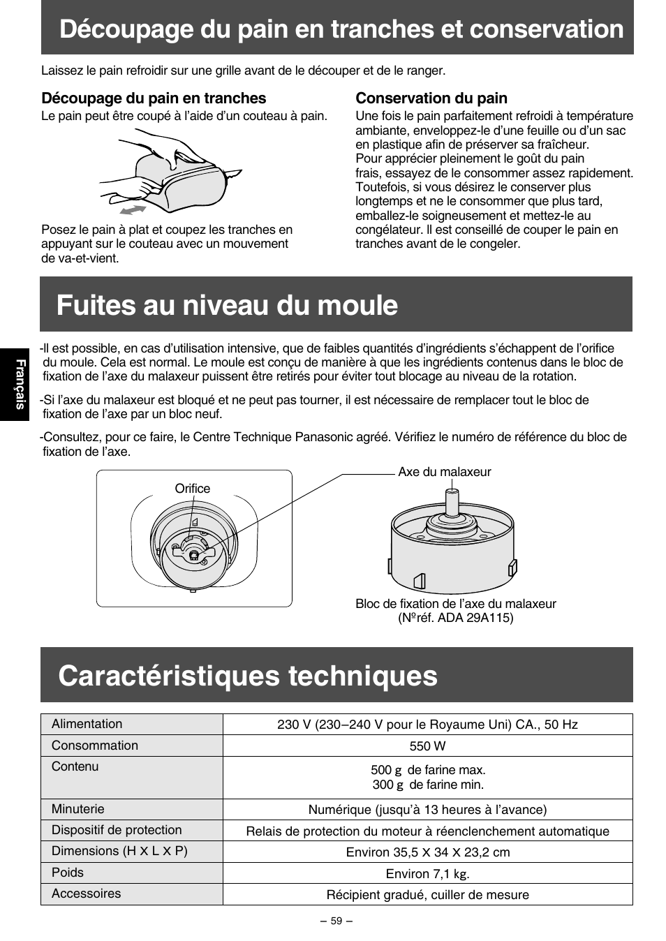 Découpage du pain en tranches et conservation | Panasonic SD207 User Manual | Page 60 / 64