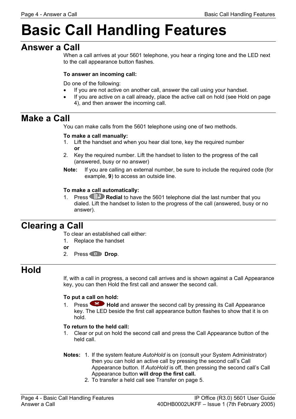 Basic call handling features, Answer a call, Make a call | Clearing a call, Hold, Answer a call make a call clearing a call hold | Avaya 5601 User Manual | Page 4 / 10