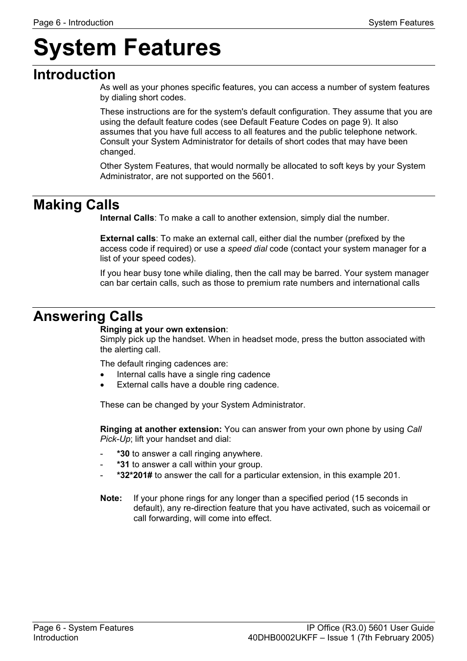 System features, Introduction, Making calls | Answering calls, Introduction making calls answering calls | Avaya 5601 User Manual | Page 6 / 10