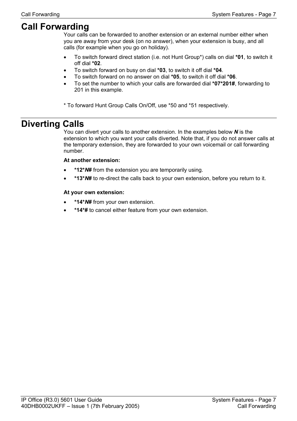Call forwarding, Diverting calls, Call forwarding diverting calls | Avaya 5601 User Manual | Page 7 / 10