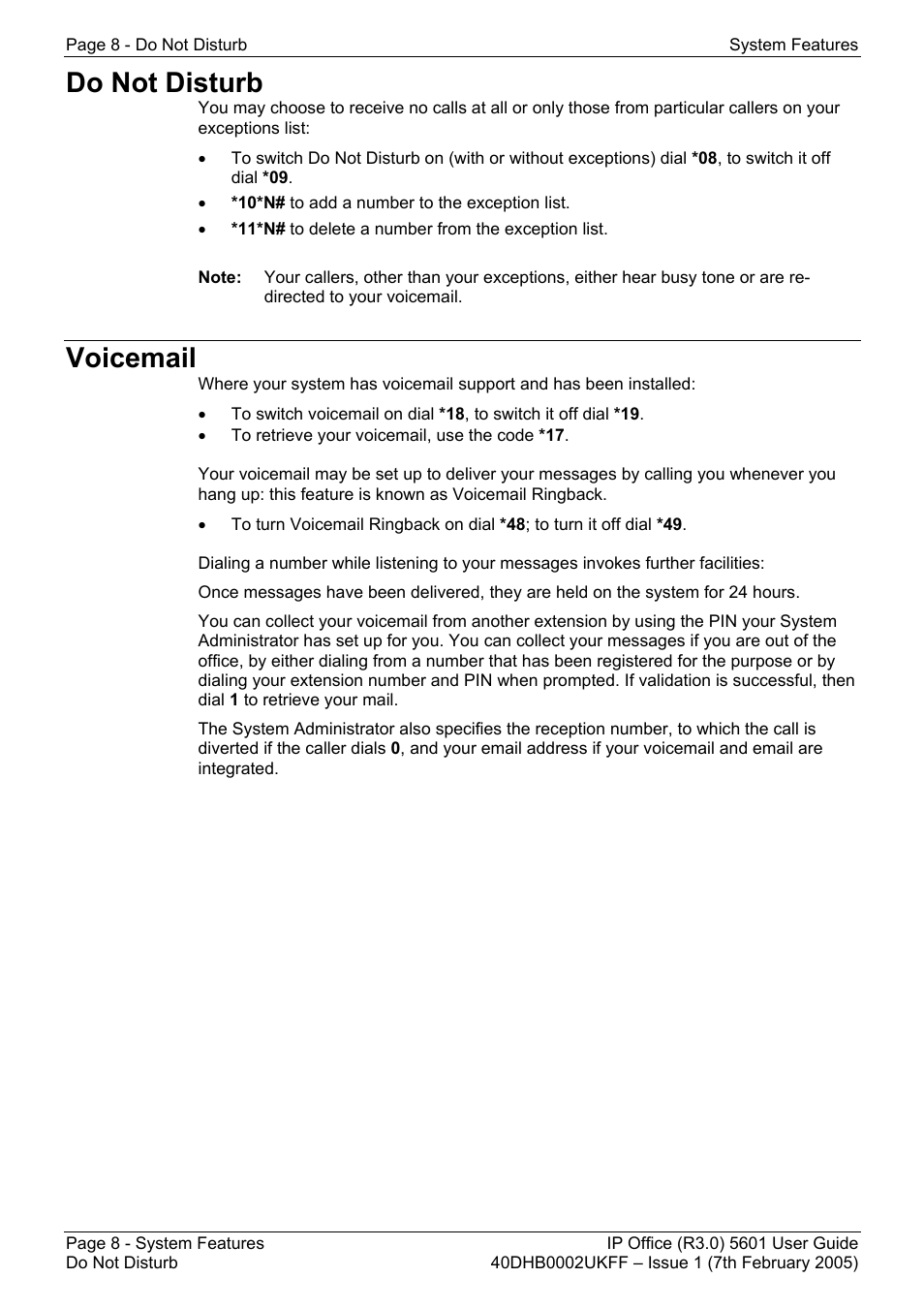 Do not disturb, Voicemail, Do not disturb voicemail | Avaya 5601 User Manual | Page 8 / 10