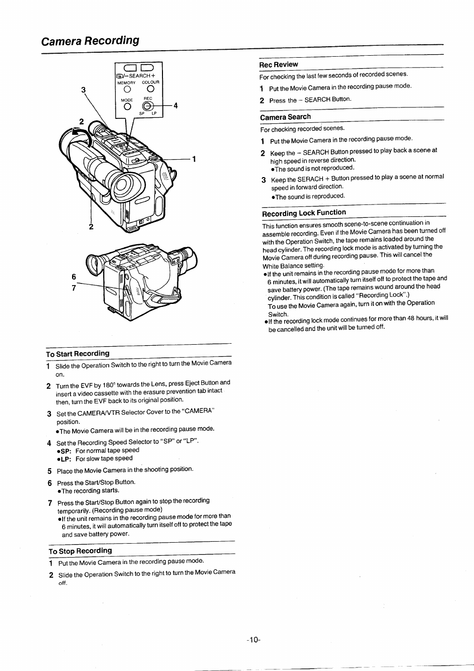 Camera recording, Rec review, Camera search | Recording lock function, To start recording, To stop recording | Panasonic NVG2E User Manual | Page 10 / 76