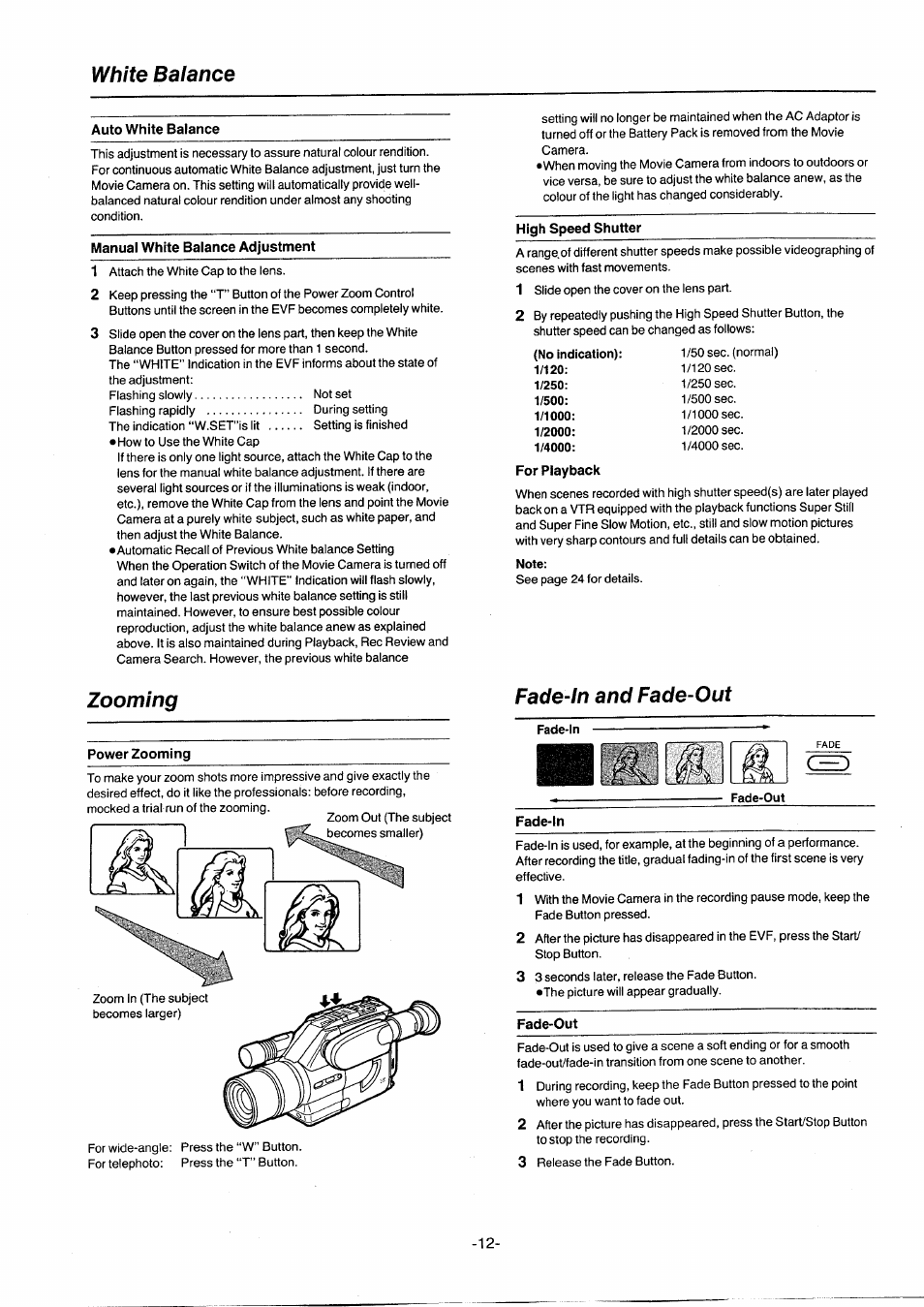 White balance, Auto white balance, Manual white balance adjustment | High speed shutter, For playback, Power zooming, Fade-in and fade-out, Fade-in, Fade-out, White balance •high speed shutter | Panasonic NVG2E User Manual | Page 12 / 76