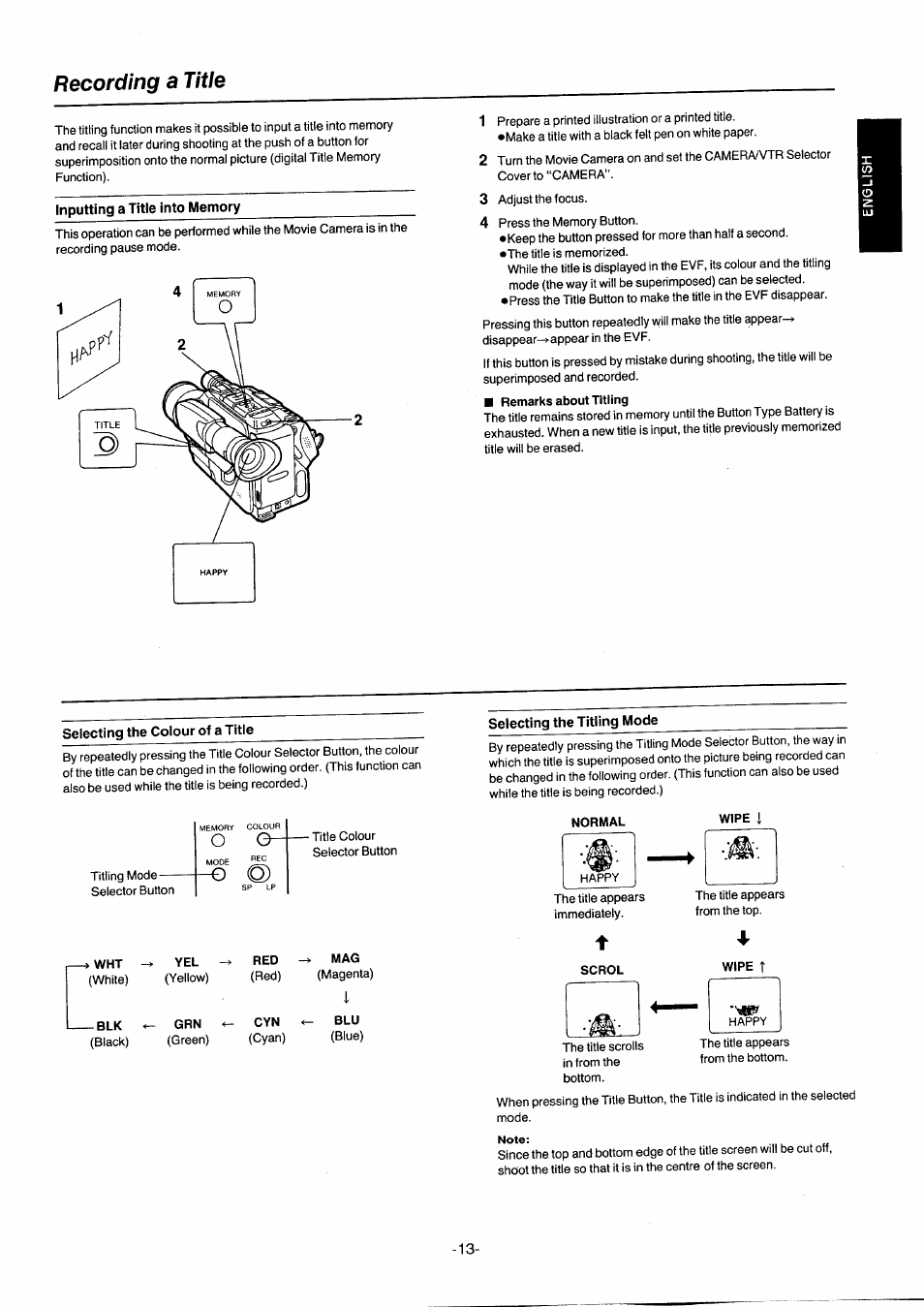 Recording a title, Inputting a title into memory, Selecting the colour of a title | Selecting the titling mode, M em ory and | Panasonic NVG2E User Manual | Page 13 / 76