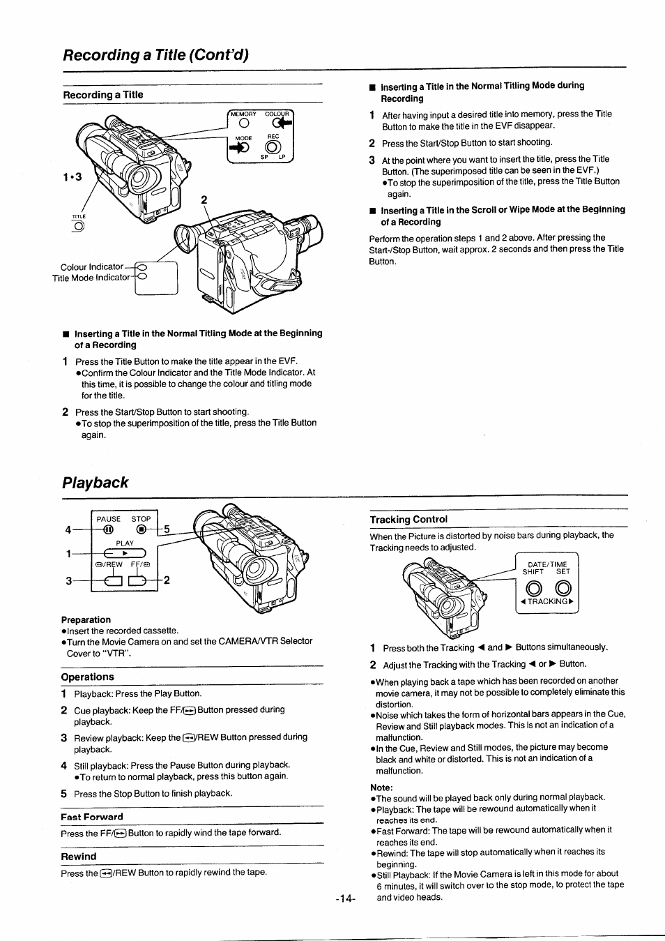 Recording a title (confd), Playback, Tracking control | Operations, Fast forward, Rewind, Note | Panasonic NVG2E User Manual | Page 14 / 76