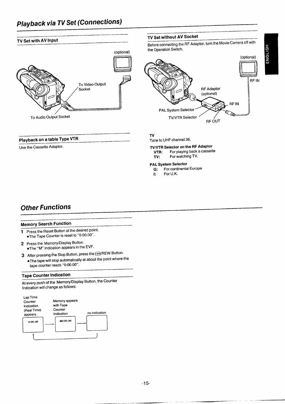 Playback via tv set (connections), Tv set without av socket, Pal system selector | Other functions, Memory search function, Tape counter indication, Other connections, Real | Panasonic NVG2E User Manual | Page 15 / 76