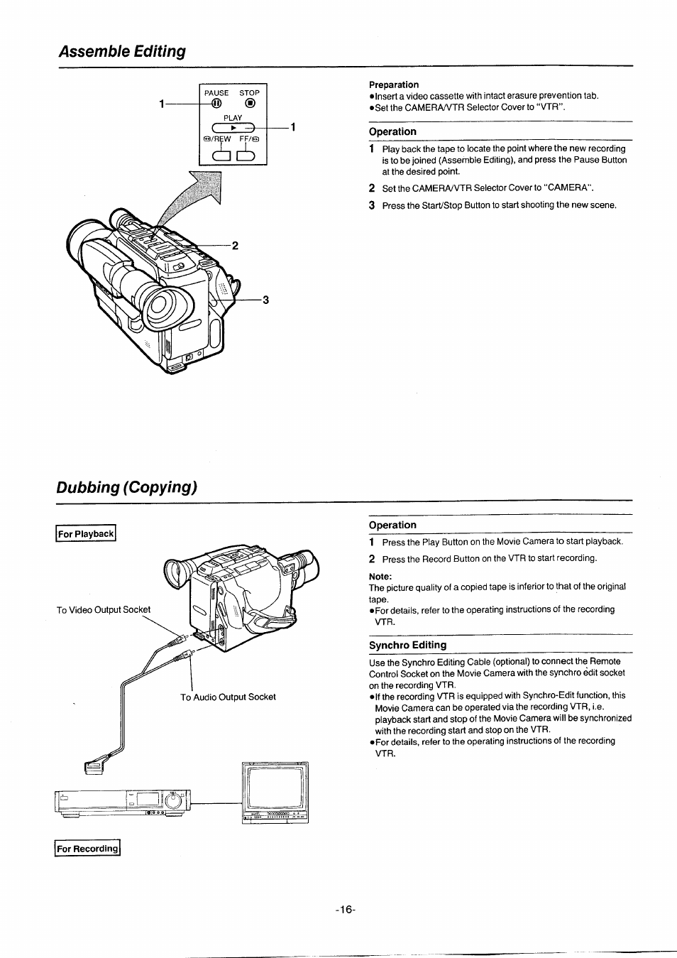 Assemble editing, Preparation, Operation | Dubbing (copying), Note, Synchro editing, For recording, Assemble editing •dubbing (copying), I do | Panasonic NVG2E User Manual | Page 16 / 76