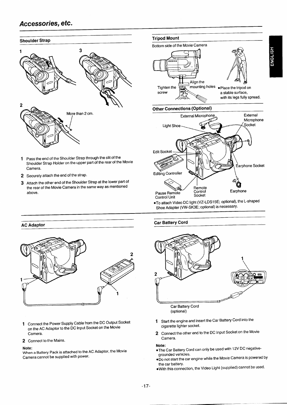 Accessories, etc, Shoulder strap, Car battery cord | Note | Panasonic NVG2E User Manual | Page 17 / 76