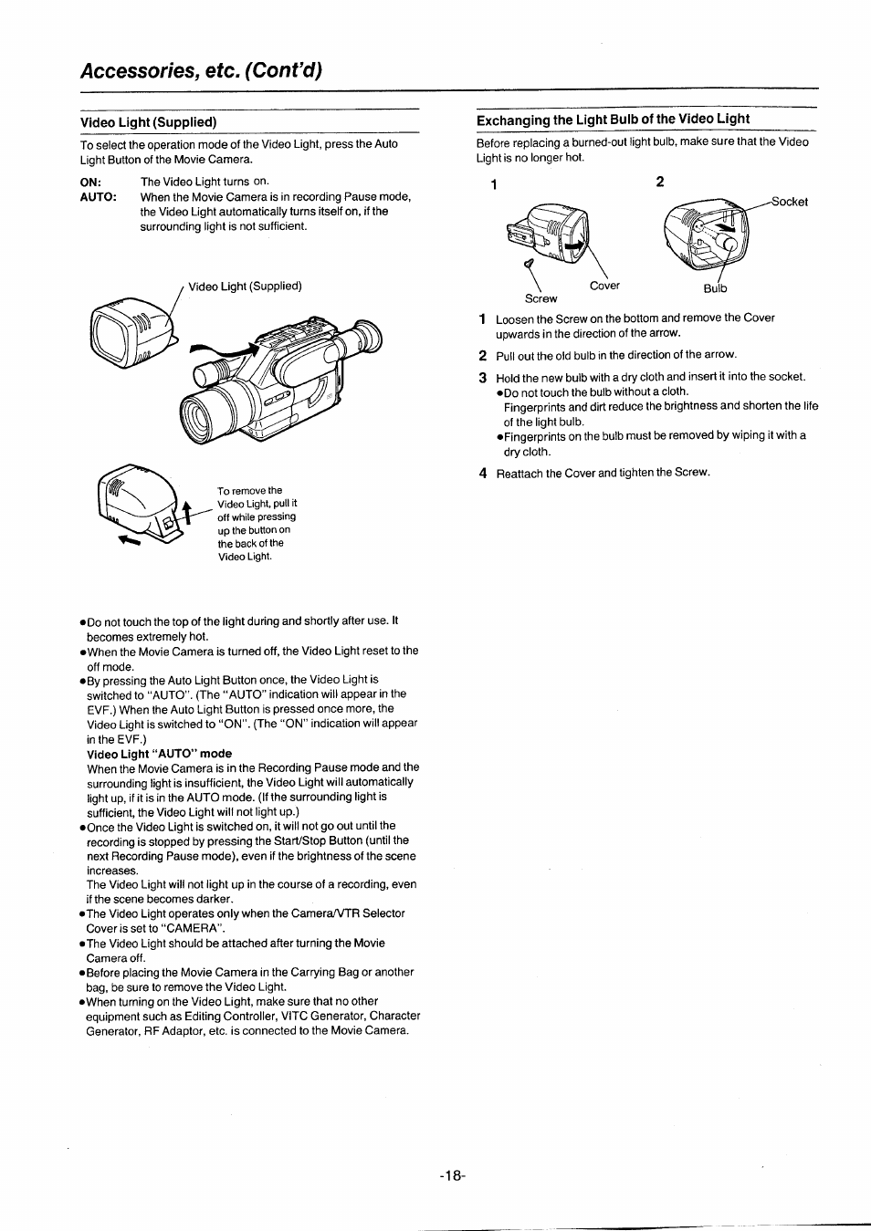 Accessories, etc. (cont’d), Video light (supplied), Exchanging the light bulb of the video light | Panasonic NVG2E User Manual | Page 18 / 76