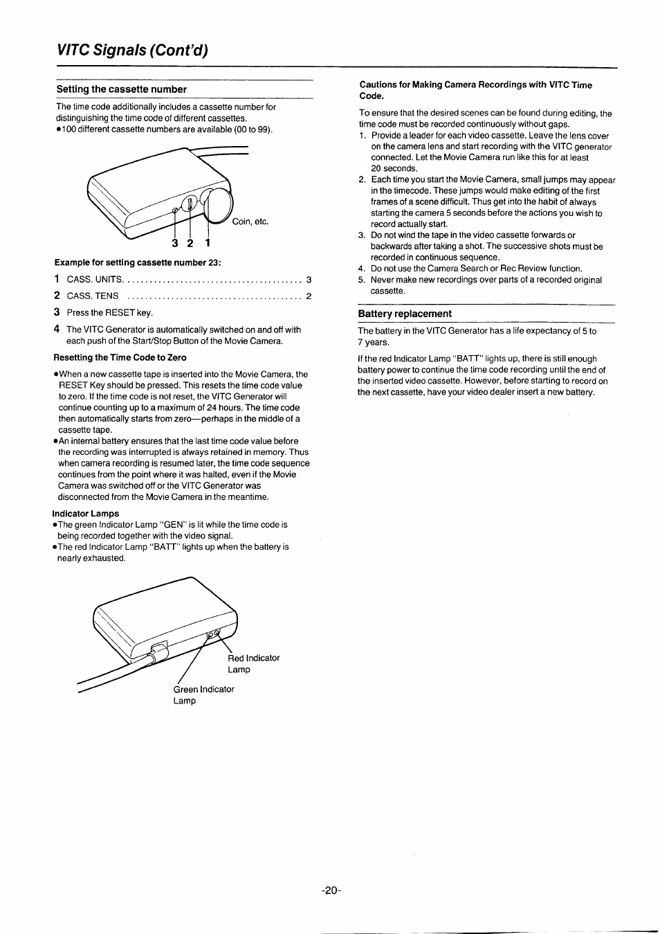 Vitc signals (convd), Setting the cassette number, Example for setting cassette number 23 | Indicator lamps, Battery replacement | Panasonic NVG2E User Manual | Page 20 / 76