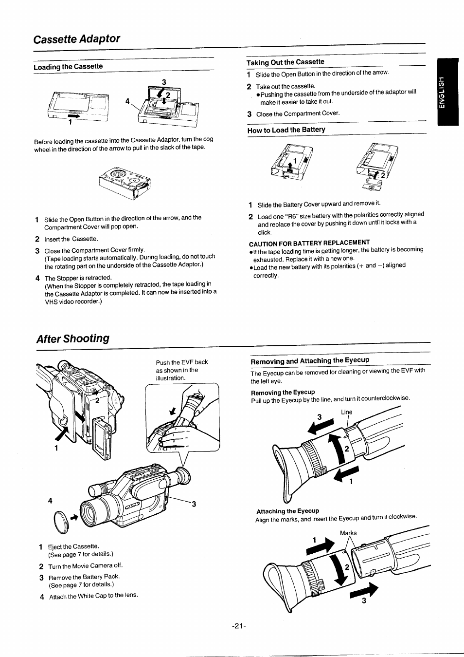 Cassette adaptor, Taking out the cassette, How to load the battery | Caution for battery replacement, After shooting, Removing and attaching the eyecup, Attaching the eyecup | Panasonic NVG2E User Manual | Page 21 / 76