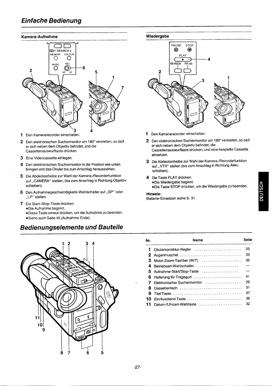 Einfache bedienung, Kamera-aufnahme, Bedienungseiemente und bauteile | Nr. name seite, Bedienungselemente und bauteile | Panasonic NVG2E User Manual | Page 27 / 76