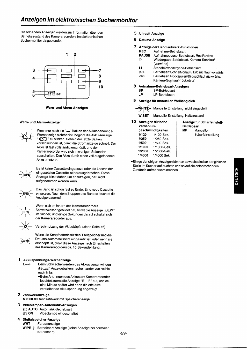 Anzeigen im elektronischen suchermonitor, Warn- und alarm-anzeigen, 5 uhrzeit-anzeige | 6 datums-anzeige, 7 anzeige der bandiaufwerk-funktionen, 8 aufnahme-betriebsart-anzeigen, 9 anzeige für manuellen weißabgleich, Anzeige für scharfeinsteii- betriebsart, 1 akkuspannungs-warnanzelge, 2 zählwerkanzeige | Panasonic NVG2E User Manual | Page 29 / 76