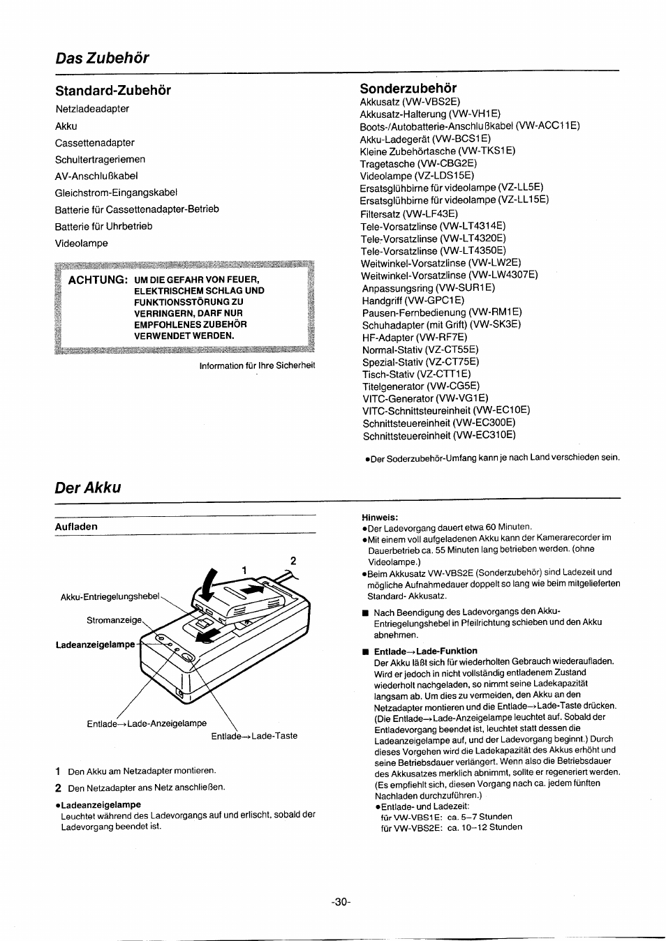 Das zubehör, Sonderzubehör, Der akku | Aufladen, Das zubehör • der akku, D en | Panasonic NVG2E User Manual | Page 30 / 76