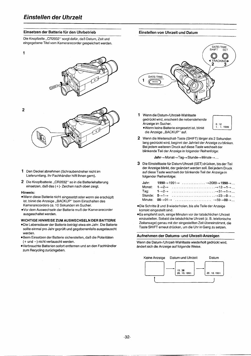 Einstellen der uhrzeit, Einsetzen der batterie für den uhrbetrieb, Hinweis | Wichtige hinweise zum auswechseln der batterie, Einstellen von uhrzelt und datum, Aufnehmen der datums- und uhrzeit-anzeigen | Panasonic NVG2E User Manual | Page 32 / 76