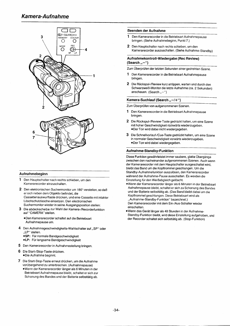 Kamera-aufnahme, Beenden der aufnahme, Aufnahmebeginn | Aufnahmekontroll-wiedergabe (rec review), Search, Kamera-suchlauf (search „-i+“), Aufnahme-standby-funktion | Panasonic NVG2E User Manual | Page 34 / 76