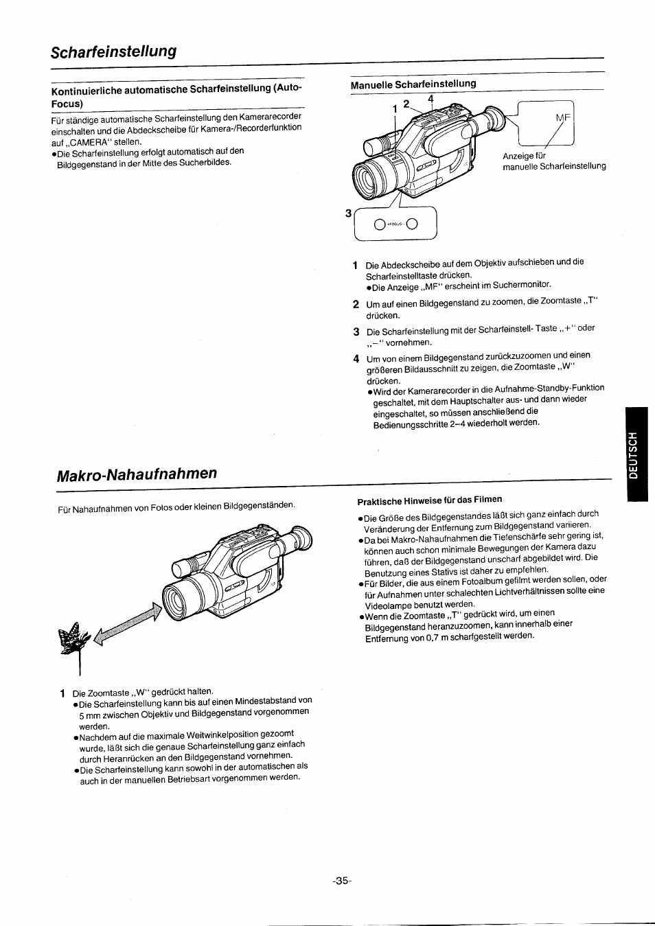 Scharfeinstellung, Makro-nahaufnahmen, Praktische hinweise für das filmen | Scharfeinstellung •makro-nahaufnahmen | Panasonic NVG2E User Manual | Page 35 / 76