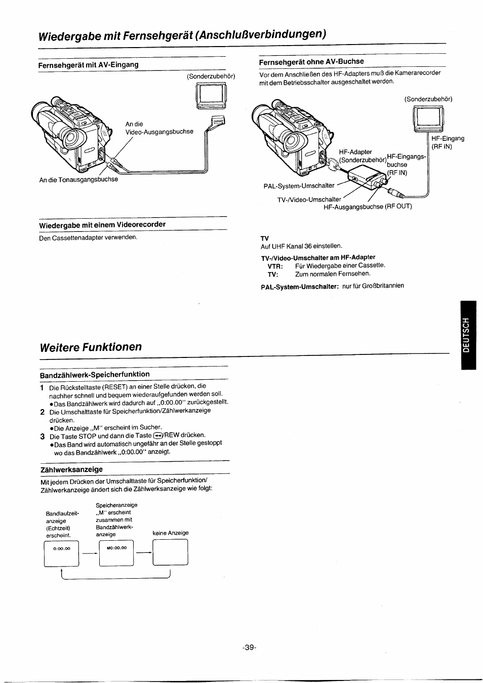 Wiedergabe mit fernsehgerät (anschiußverbindungen), Fernsehgerät mit av-eingang, Fernsehgerät ohne av-buchse | Wiedergabe mit einem videorecorder, Weitere funktionen, Bandzählwerk-speicherfunktion, Zählwerksanzeige, Wiedergabe mit fernsehgerät, Anschlußverbindungen), Vordem | Panasonic NVG2E User Manual | Page 39 / 76