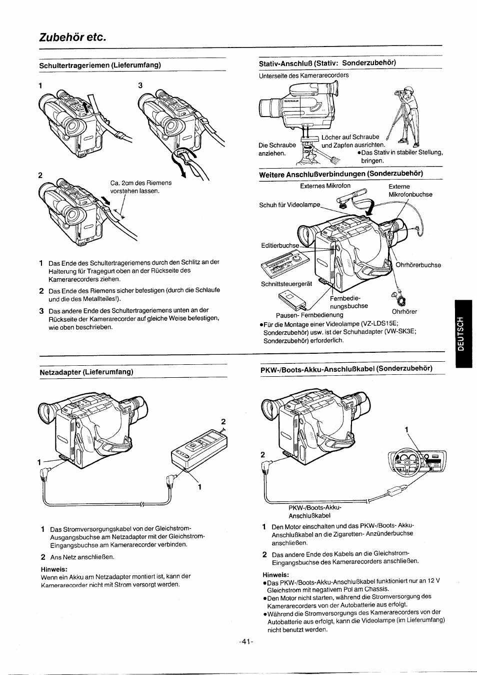 Zubehör etc, Stativ-anschluß (stativ: sonderzubehör), Netzadapter (lieferumfang) | Hinweis, M ontiert | Panasonic NVG2E User Manual | Page 41 / 76