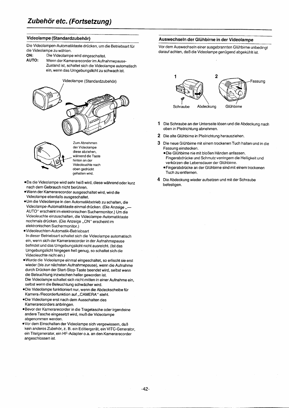 Zubehör etc. (fortsetzung), Videolampe (standardzubehör), Auswechseln der glühbirne in der videolampe | Panasonic NVG2E User Manual | Page 42 / 76