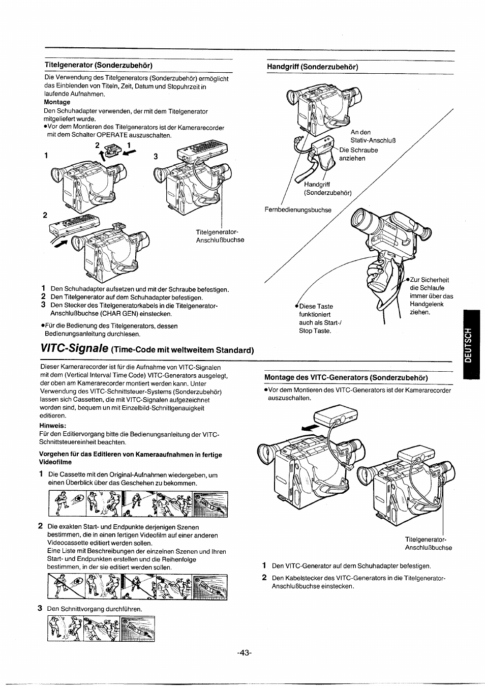 Titelgenerator (sonderzubehör), Handgriff (sonderzubehör), Vitc-signdlb (time-code mitweltweitem standard) | Montage des vitc-generators (sonderzubehör) | Panasonic NVG2E User Manual | Page 43 / 76