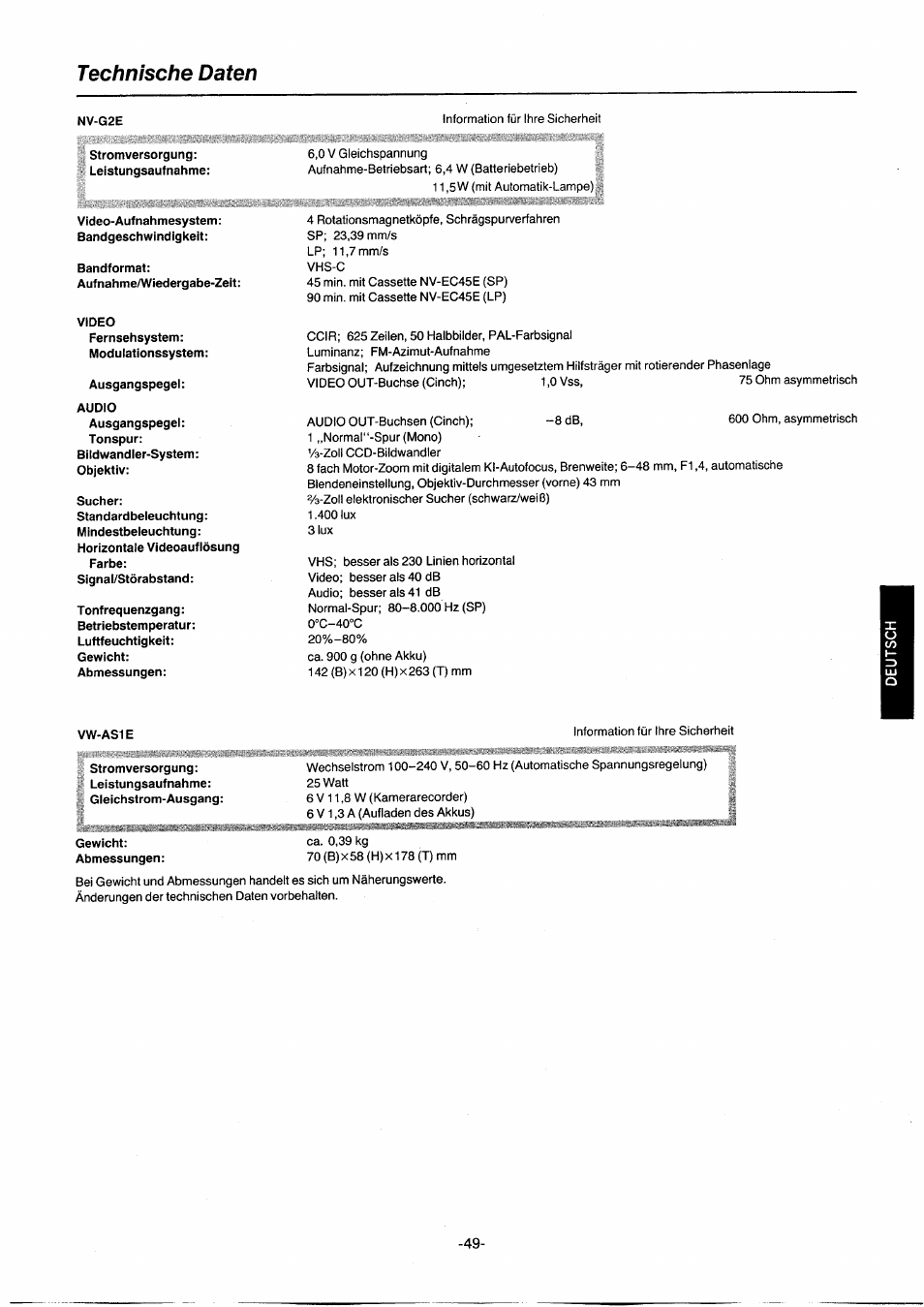 Technische daten, Nv-g2e, Stromversorgung | Video-auf nahmesystem : bandgeschwindigkeit, Bandformat, Ausgangspegei, Audio, Sucher, Tonfrequenzgang, Vw-as1e | Panasonic NVG2E User Manual | Page 49 / 76