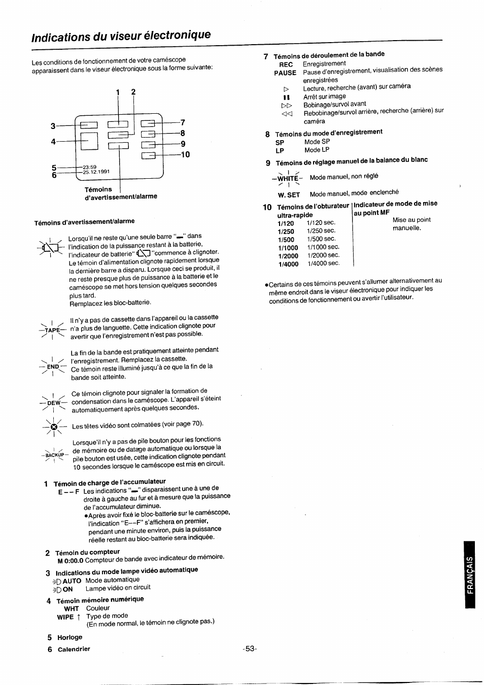 Témoins d’avertissement/aiarme, 7 témoins de déroulement de la bande, 8 témoins du mode d’enregistrement | 9 témoins de réglage manuel de la balance du blanc, Témoins de l’obturateur ultra-rapide, Indicateur de mode de mise au point mf, 1 témoin de charge de l’accumulateur, 2 témoin du compteur, 4 témoin mémoire numérique, Horloge | Panasonic NVG2E User Manual | Page 53 / 76