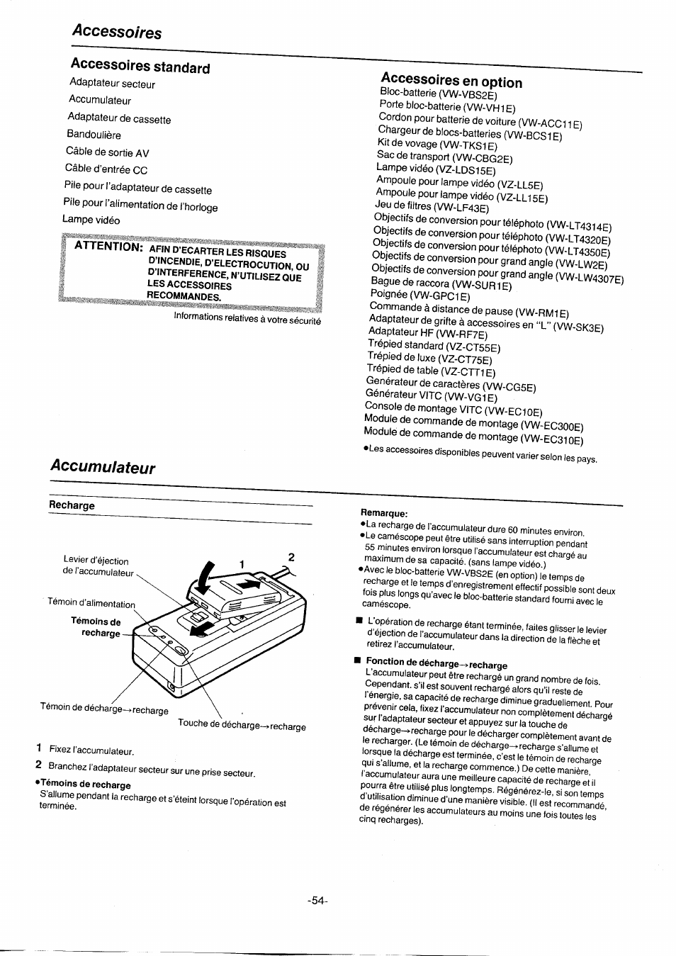 Accessoires, Accessoires standard, Accessoires en option | Accumulateur | Panasonic NVG2E User Manual | Page 54 / 76