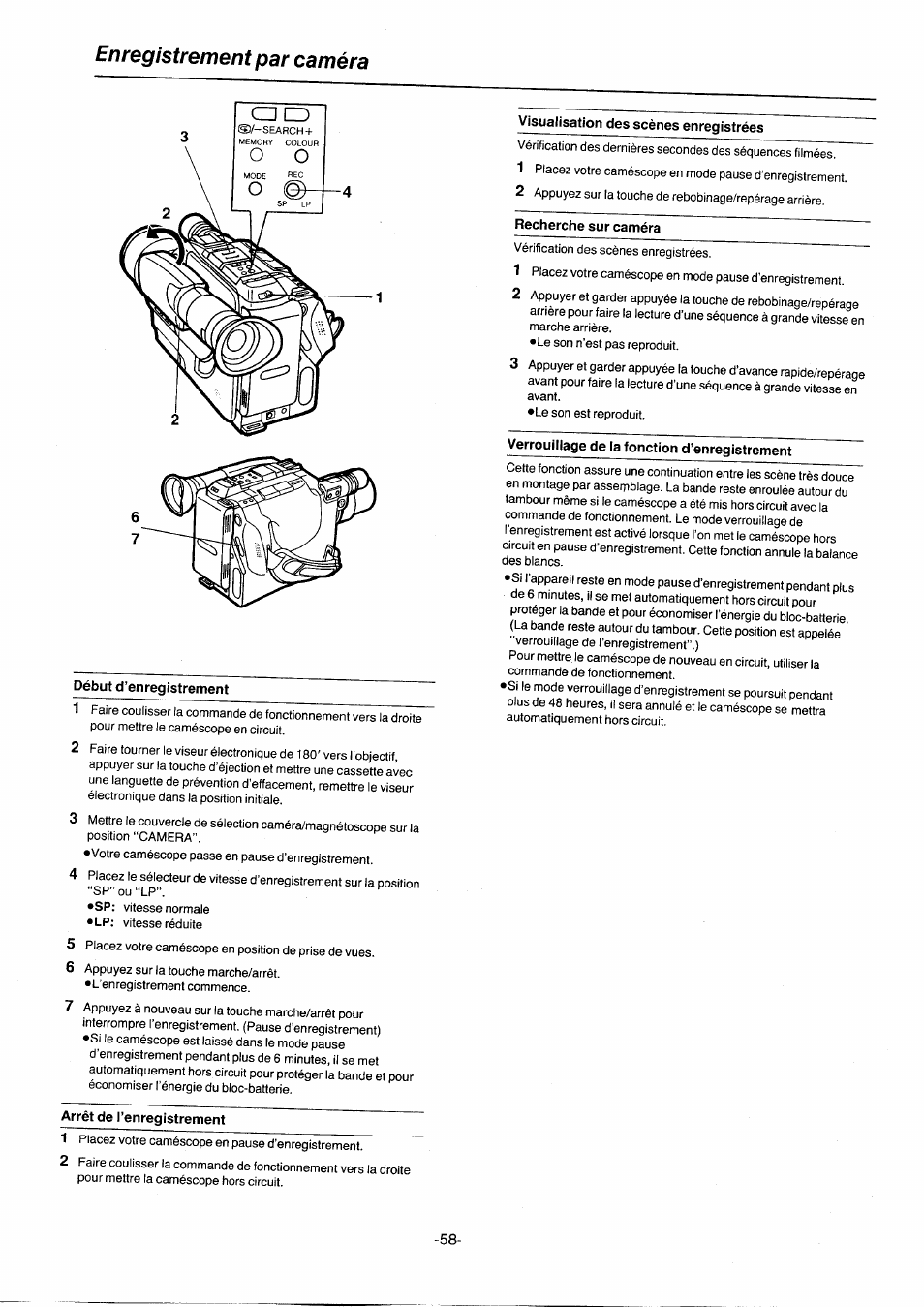 Début d’enregistrement, Visualisation des scènes enregistrées, Recherche sur caméra | Verrouillage de la fonction d’enregistrement, Arrêt de l’enregistrement, Enregistrement par caméra | Panasonic NVG2E User Manual | Page 58 / 76