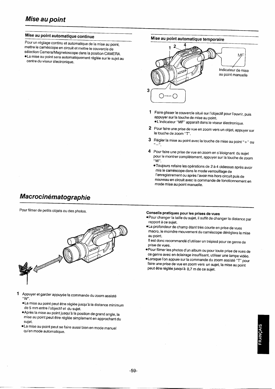 Mise au point, Mise au point automatique continue, Macrocinématographie | Conseils pratiques pour les prises de vues | Panasonic NVG2E User Manual | Page 59 / 76