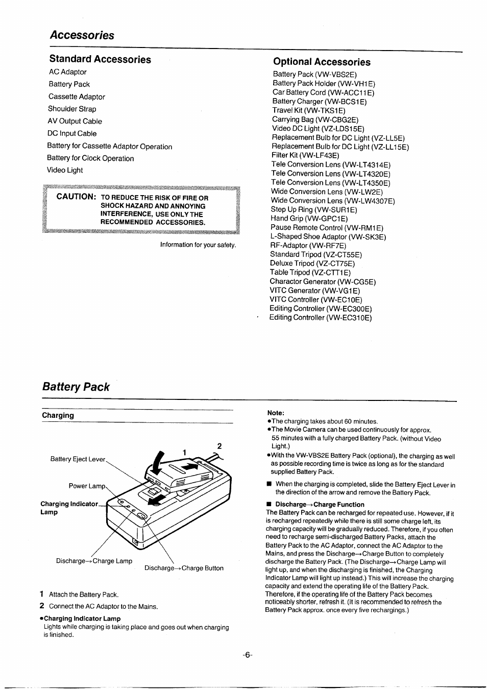 Accessories, Standard accessories, Optional accessories | Battery pack | Panasonic NVG2E User Manual | Page 6 / 76