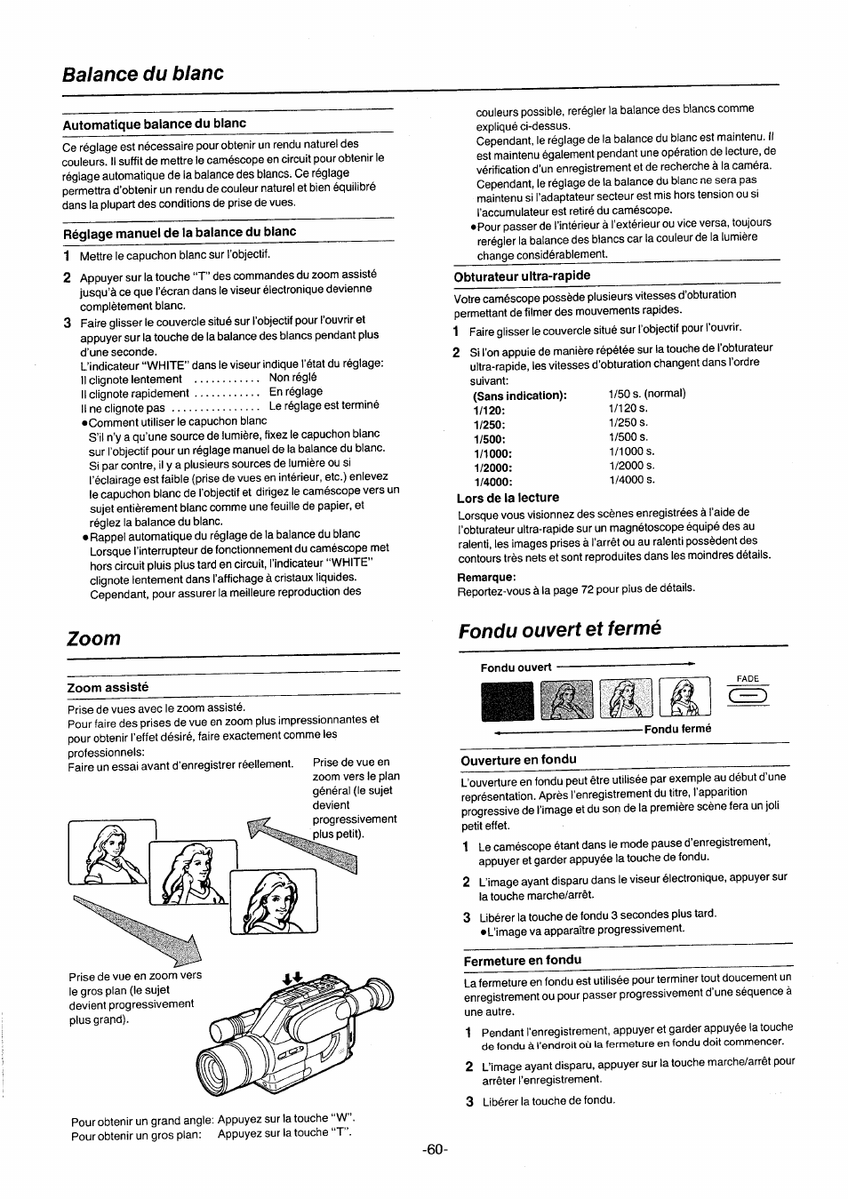 Balance du blanc, Automatique balance du blanc, Réglage manuel de la balance du blanc | Obturateur ultra-rapide, Zoom assisté, Fondu ouvert et fermé, Ouverture en fondu, Fermeture en fondu, Lentem ent, N on réglé | Panasonic NVG2E User Manual | Page 60 / 76