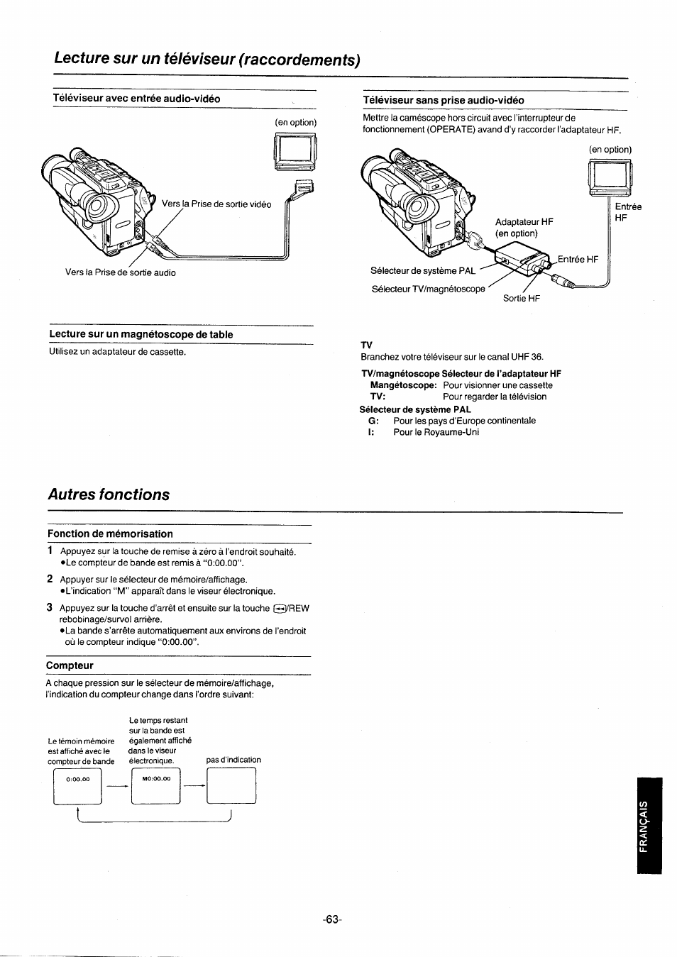 Lecture sur un téléviseur (raccordements), Téléviseur avec entrée audio-vidéo, Téléviseur sans prise audio-vidéo | Autres fonctions, Fonction de mémorisation, Compteur | Panasonic NVG2E User Manual | Page 63 / 76