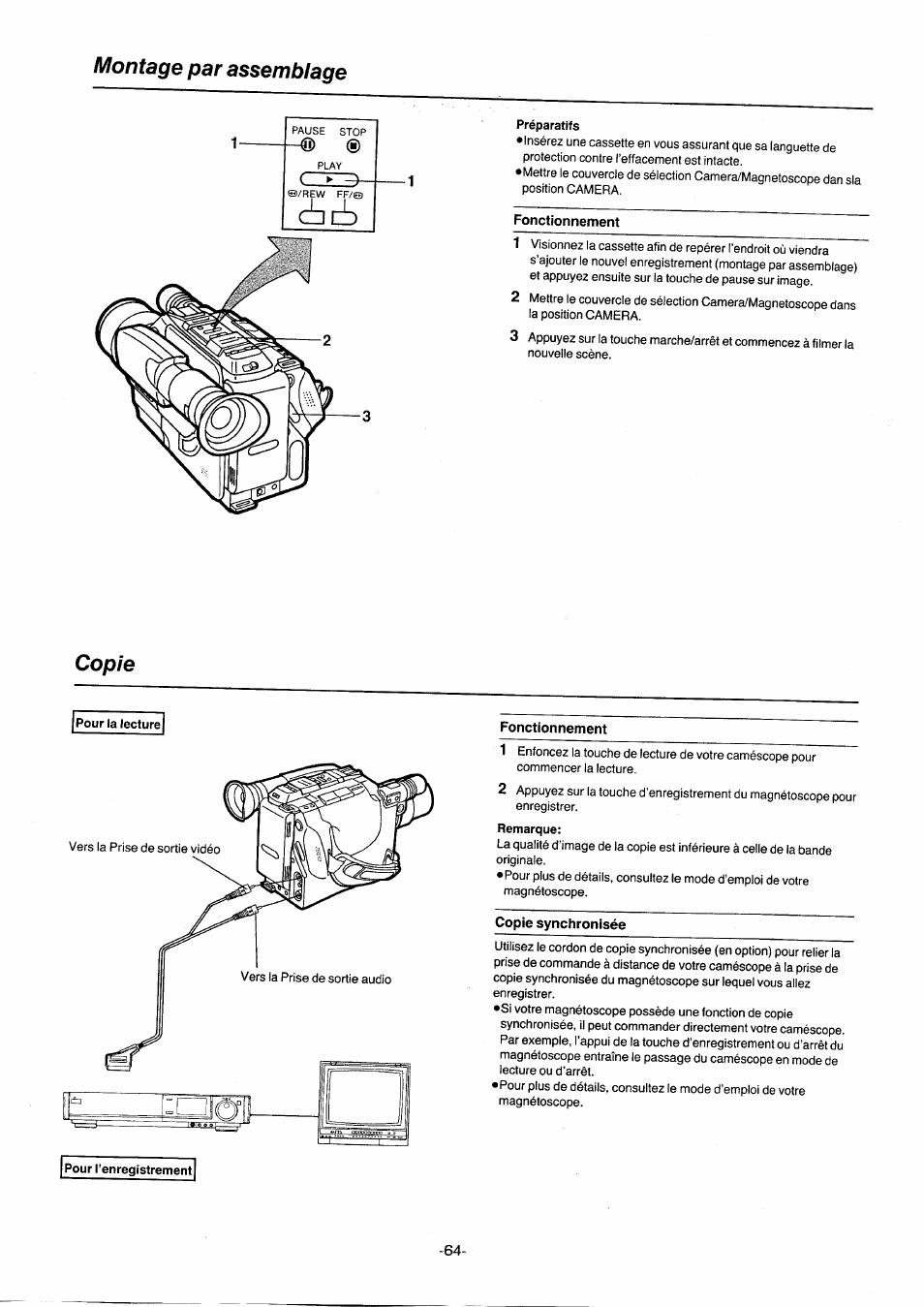 Montage par assemblage, Préparatifs, Fonctionnement | Copie, Copie synchronisée, Cze3 | Panasonic NVG2E User Manual | Page 64 / 76