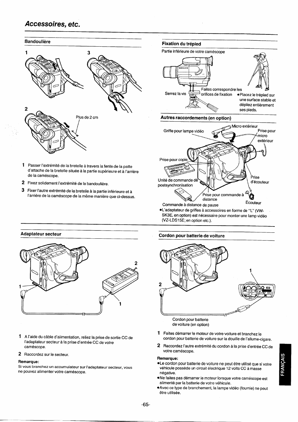 Accessoires, etc, Fixation du trépied, Autres raccordements (en option) | Cordon pour batterie de voiture | Panasonic NVG2E User Manual | Page 65 / 76