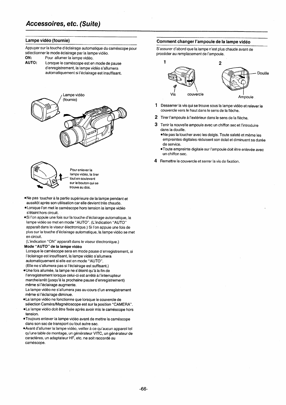 Accessoires, etc. (suite), Lampe vidéo (fournie), Comment changer l’ampoule de la lampe vidéo | Panasonic NVG2E User Manual | Page 66 / 76