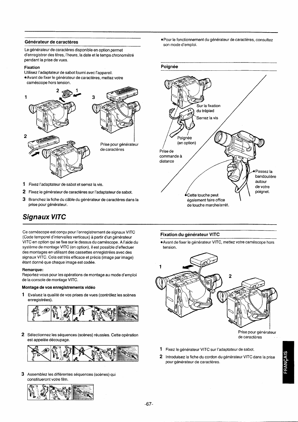 Générateur de caractères, Signaux vitc, Poignée | Fixation du générateur vitc | Panasonic NVG2E User Manual | Page 67 / 76