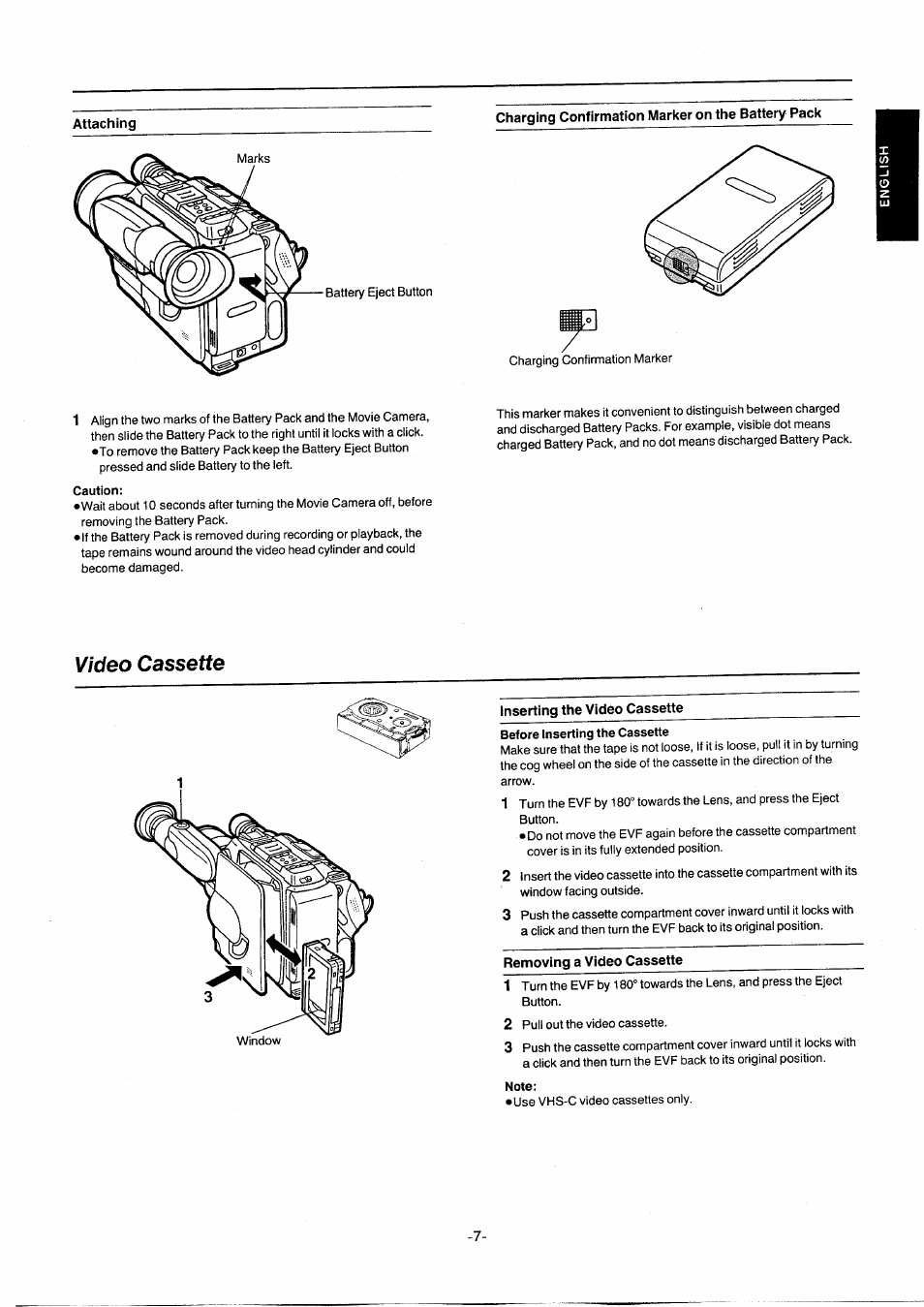 Attaching, Charging confirmation marker on the battery pack, Caution | Video cassette, Inserting the video cassette, Removing a video cassette, Note, Turn the | Panasonic NVG2E User Manual | Page 7 / 76