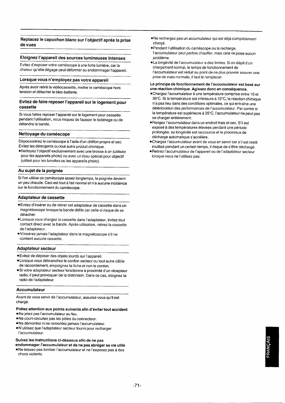 Lorsque vous n’employez pas votre appareil, Nettoyage du caméscope, Au sujet de la poignée | Adaptateur de cassette, Adaptateur secteur, Accumulateur | Panasonic NVG2E User Manual | Page 71 / 76