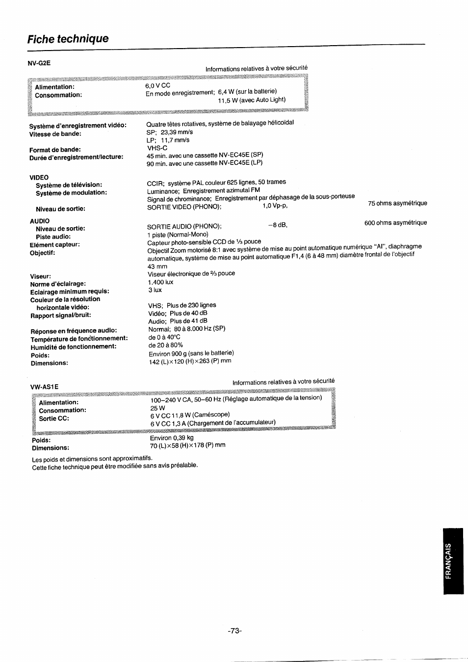 Fiche technique, Nv-g2e, Alimentation | Système d’enregistrement vidéo: vitesse de bande, Format de bande, Video, Niveau de sortie, Audio, Viseur, Vw-as1e | Panasonic NVG2E User Manual | Page 73 / 76