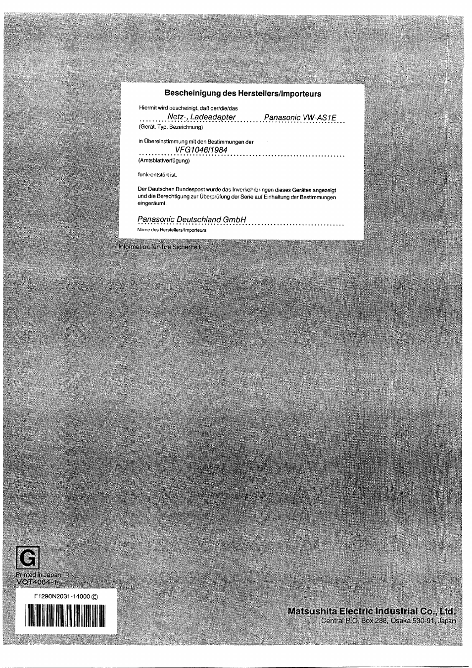 Bescheinigung des hersteliers/importeurs, Matsushita electric industrial co.. ltd | Panasonic NVG2E User Manual | Page 76 / 76