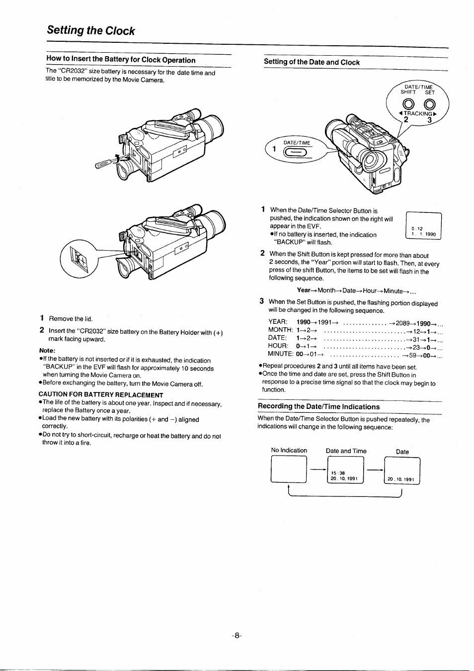 Setting the clock, How to insert the battery for clock operation, Note | Caution for battery replacement, Recording the date/time indications | Panasonic NVG2E User Manual | Page 8 / 76