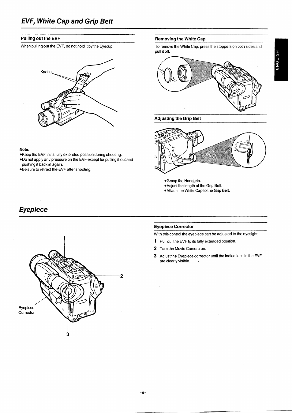 Evf, white cap and grip belt, Eyepiece, Removing the white cap | Eyepiece corrector | Panasonic NVG2E User Manual | Page 9 / 76