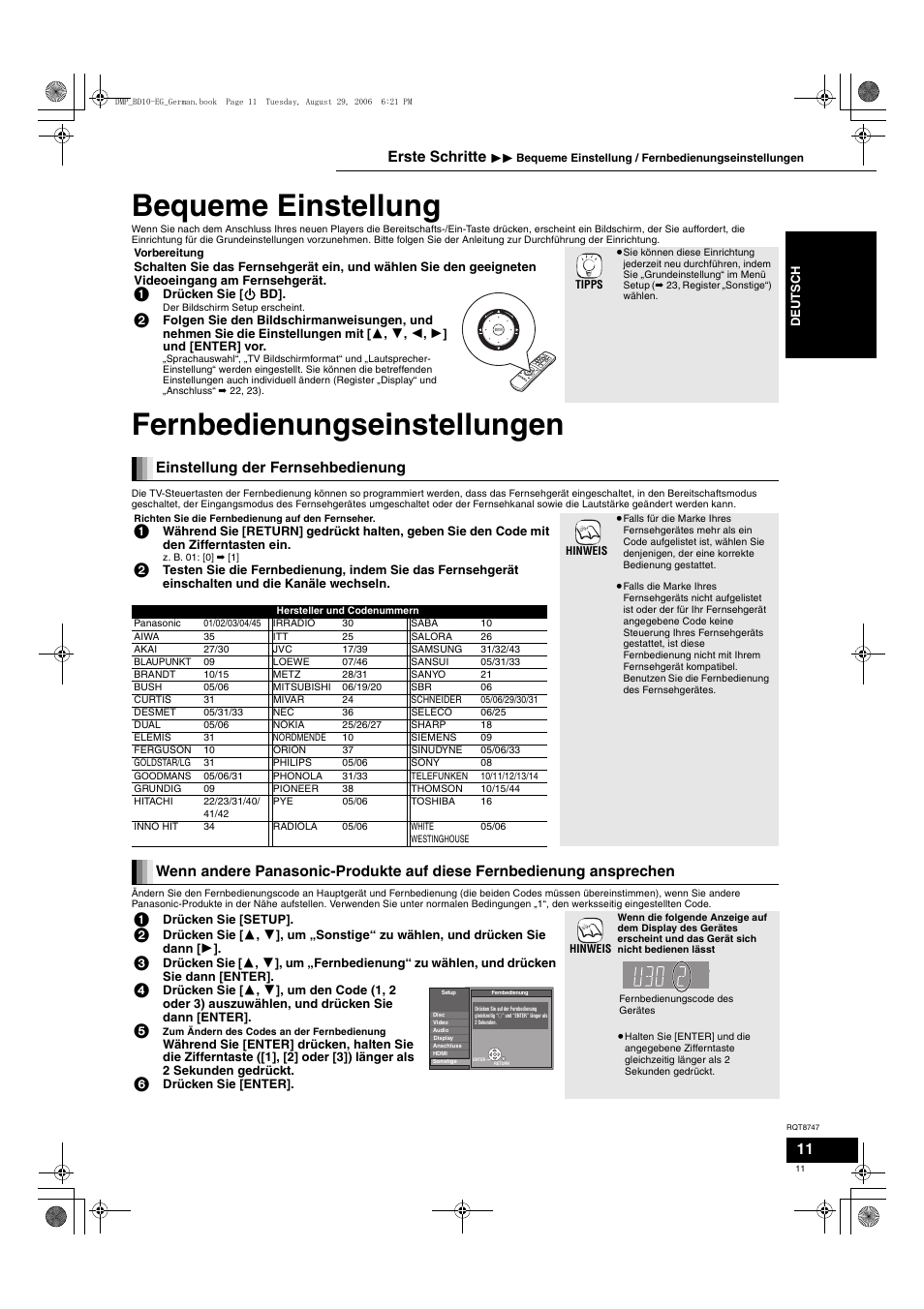 Bequeme einstellung, Fernbedienungseinstellungen, Einstellung der fernsehbedienung | Erste schritte | Panasonic DMPBD10 User Manual | Page 11 / 96
