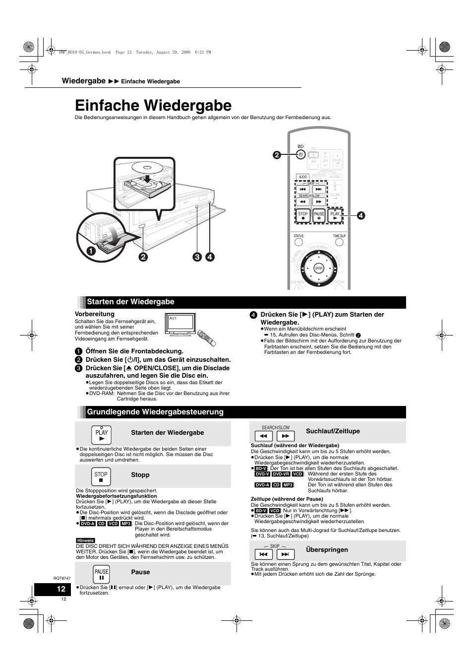 Einfache wiedergabe, Starten der wiedergabe, Grundlegende wiedergabesteuerung | Wiedergabe | Panasonic DMPBD10 User Manual | Page 12 / 96