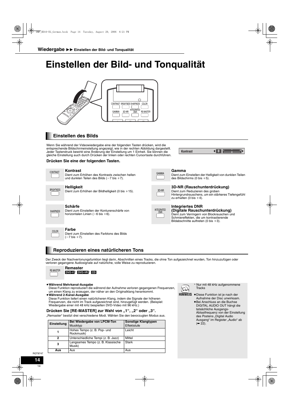 Einstellen der bild- und tonqualität, Einstellen des bilds, Reproduzieren eines natürlicheren tons | Wiedergabe | Panasonic DMPBD10 User Manual | Page 14 / 96