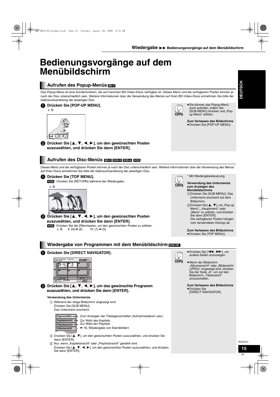 Bedienungsvorgänge auf dem menübildschirm, Aufrufen des popup-menüs, Aufrufen des disc-menüs | Wiedergabe von programmen mit dem menübildschirm, Wiedergabe | Panasonic DMPBD10 User Manual | Page 15 / 96