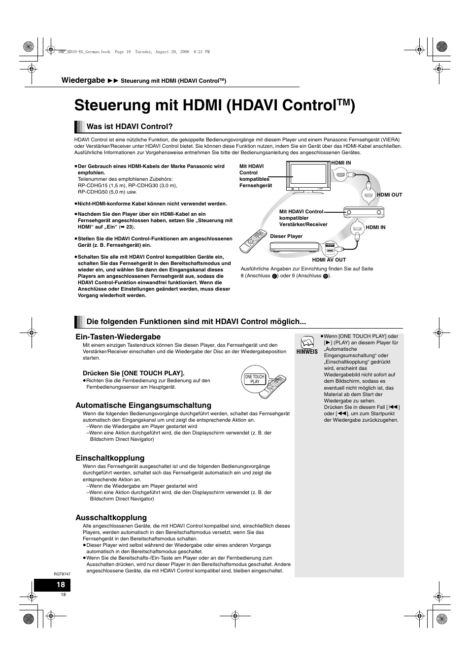 Steuerung mit hdmi (hdavi control, Automatische eingangsumschaltung, Einschaltkopplung | Ausschaltkopplung, Wiedergabe | Panasonic DMPBD10 User Manual | Page 18 / 96